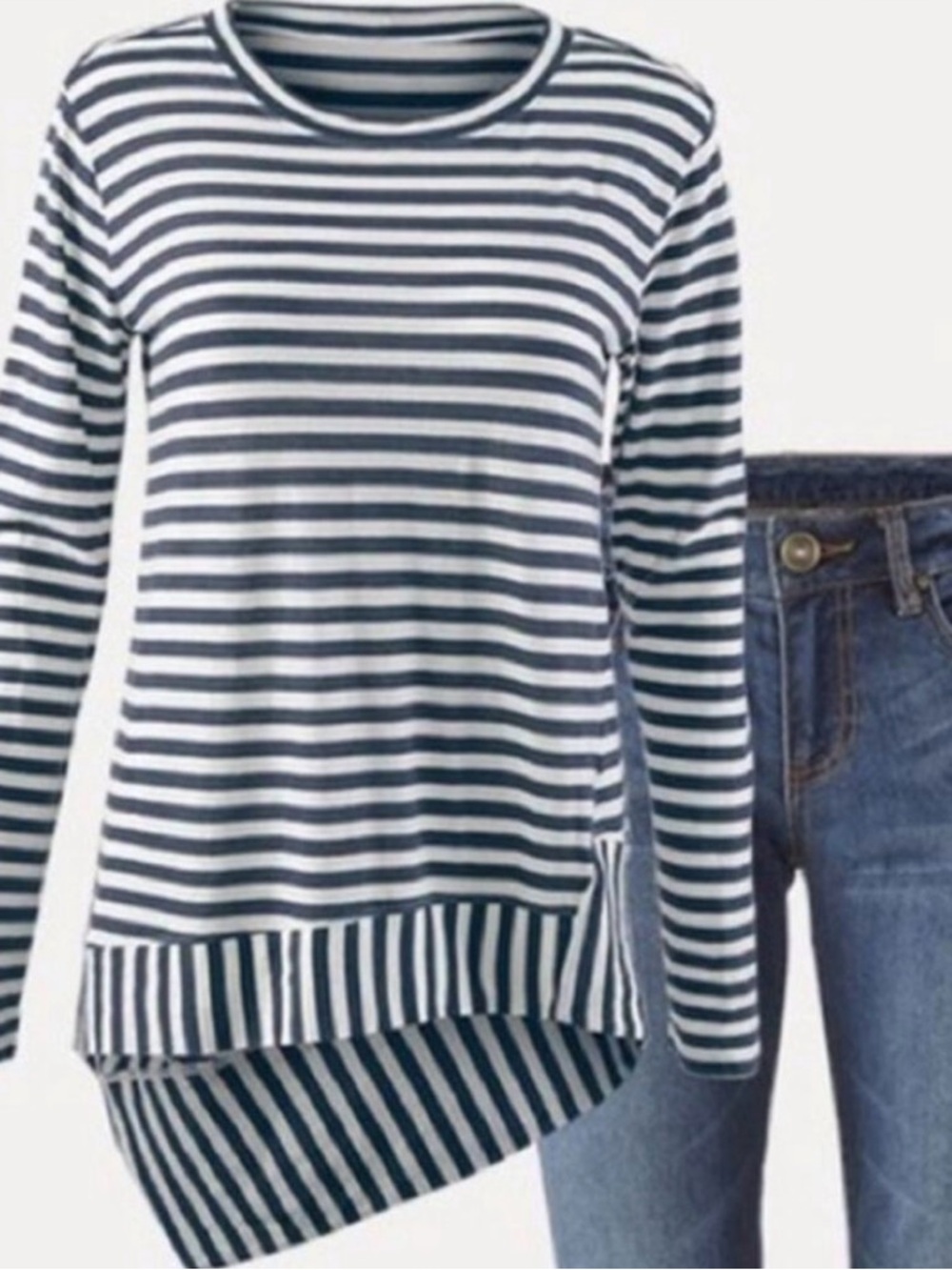 CAbi Navy & White Striped Long-Sleeve Top with Asymmetrical Hem Style 256 size M